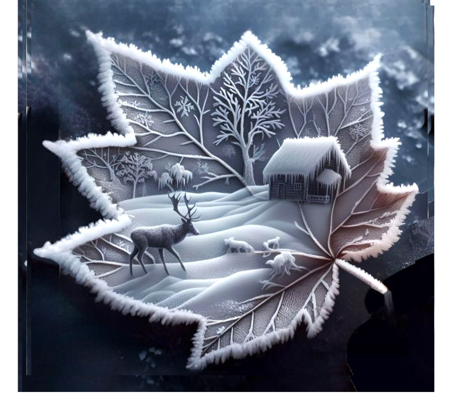 A digital translucent semi-transparent soft airbrush masterpiece of a frozen winter leaf, with a baby dear grazing in the foreground, and on...