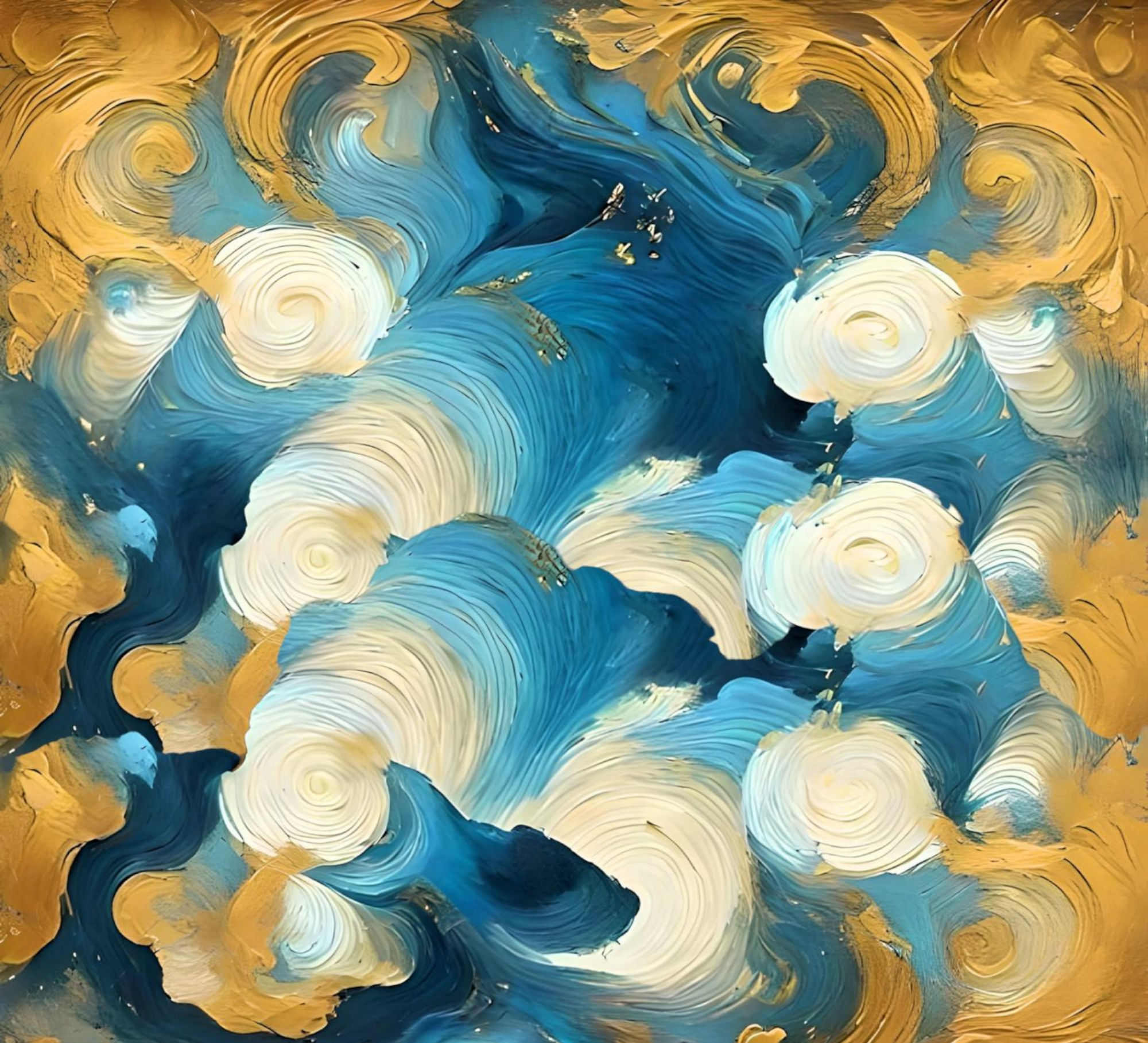 Swirly backdrop in shades of slate blue, cream, and gold. Thick paint, visible brush strokes. Baroque style