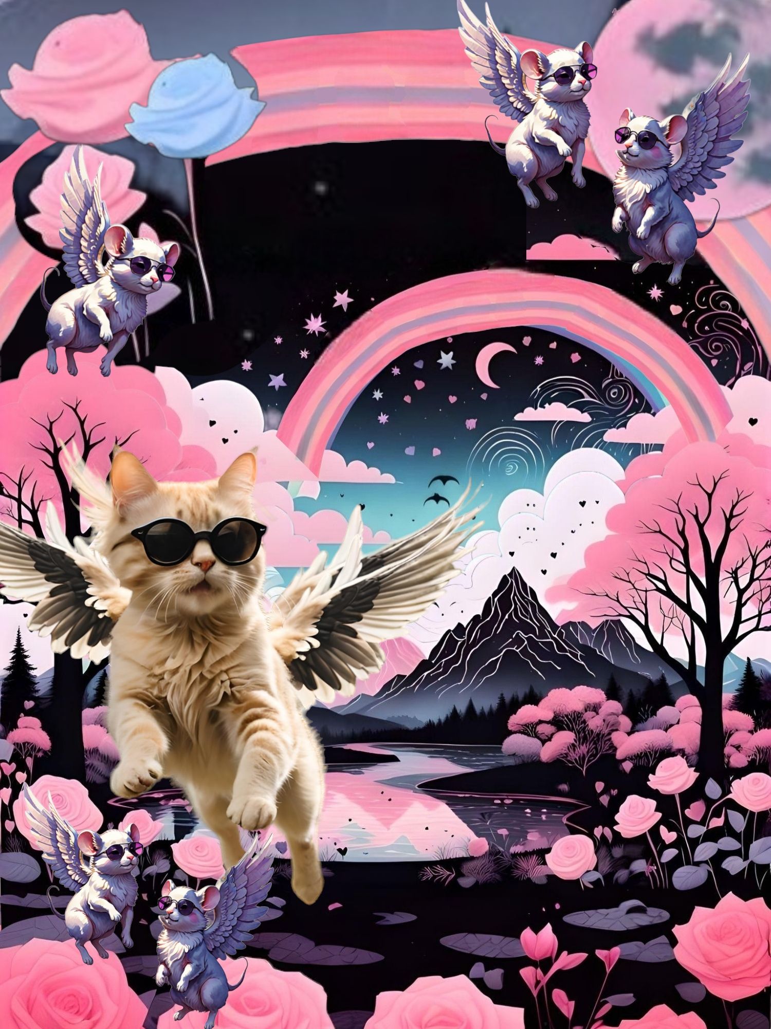 A blonde cat with realistic angel wings wearing black sunglasses, smiling, jumping in the air in a mystical garden with glowing alien roses....