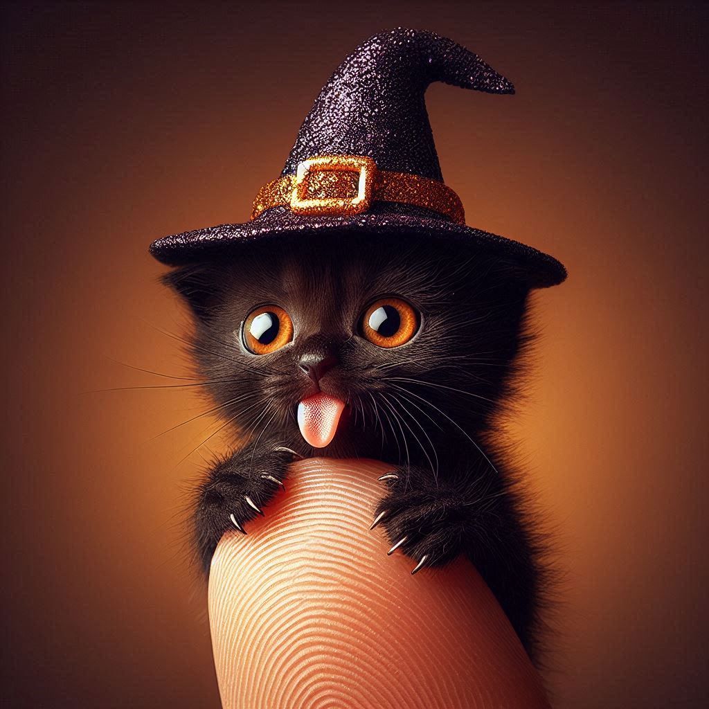 Macro shot of an adorable miniature black kitten with bright amber eyes, sticking out his tongue, wearing a medieval glittery witch hat (sit...