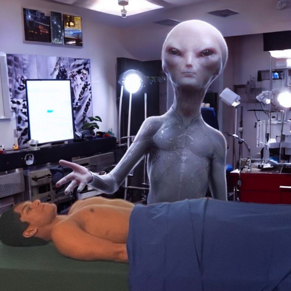 Medium shot of an alien on an operating table in an operating room. A skeleton wearing a Santa hat performing surgery. Digital color photogr...