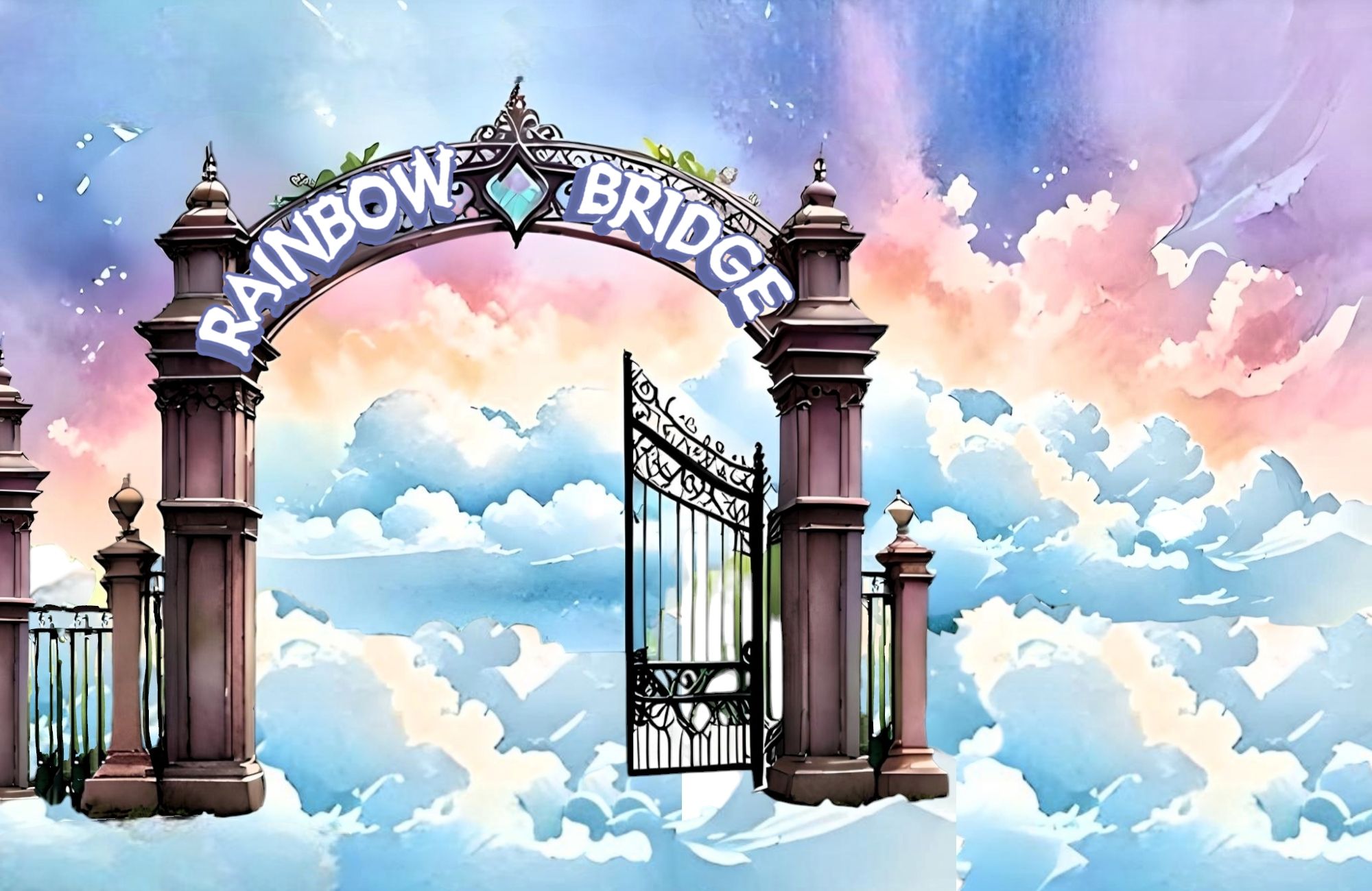 An ornate gate to the rainbow bridge with a beautiful rainbow above and fluffy clouds below using a pastel pink and pastel purple color sche...