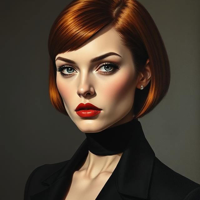 Contemporary painted portrait in the style of Tamara de Lempicka meets Alex Katz - a striking woman in her early thirties with sharp, angula...