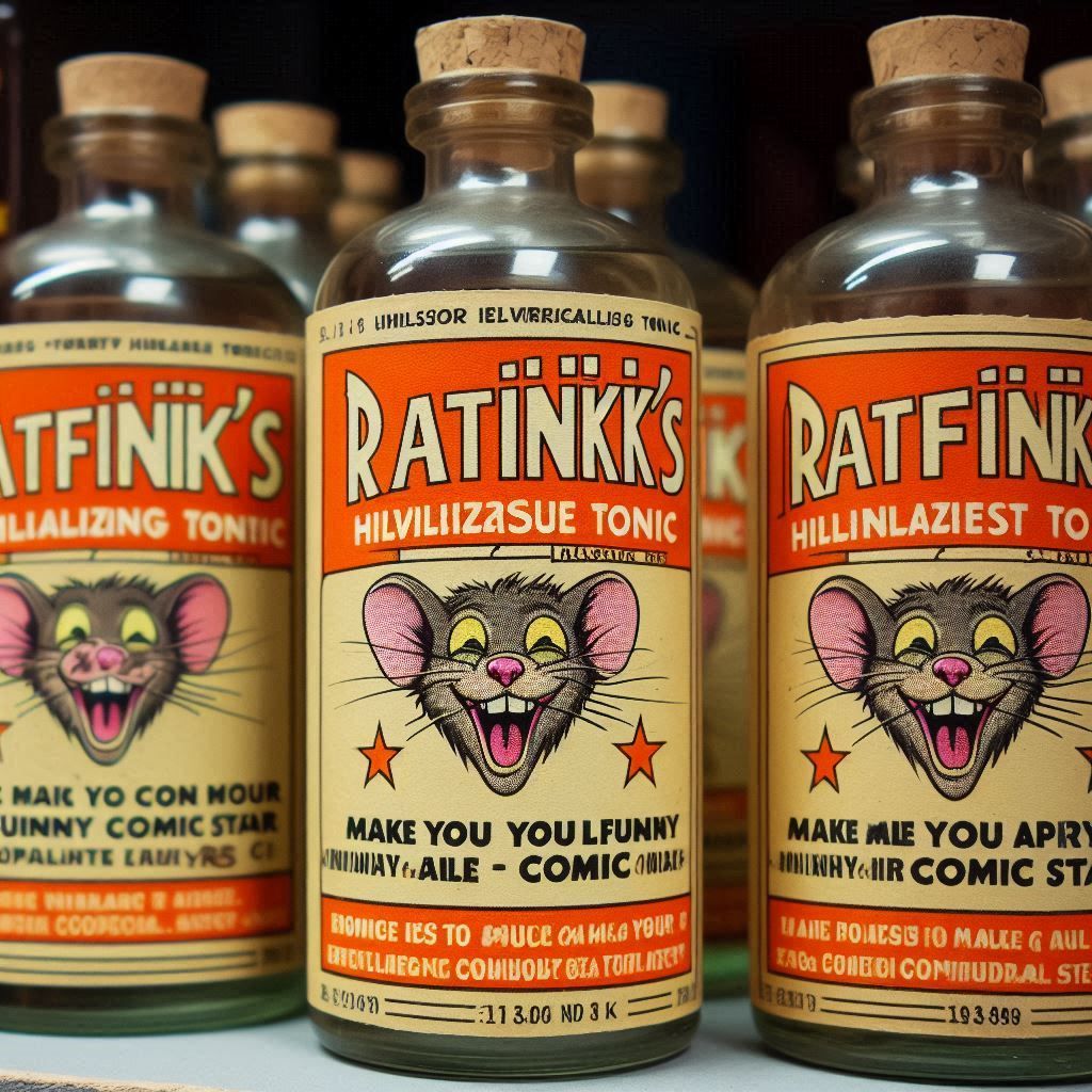 several bottles labeled as "Ratfink's Revitalizing Hilarious Tonic" that promises to make you a Funny Comic Star. The label features a Ratf....