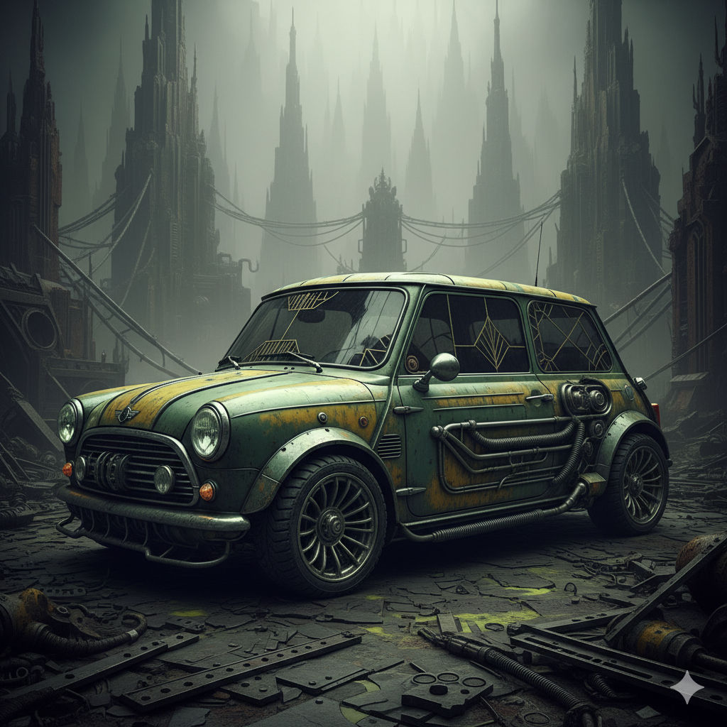 Photographic logistic futuristic Mini Cooper art deco in green and yellow. Style HR giger 