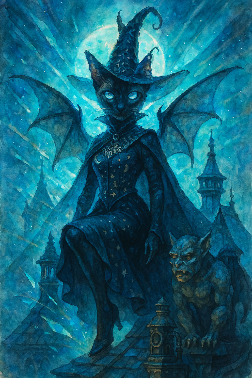 Create a watercolor painting of a fantastical creature - a humanoid Bombay Black Siamese cat with bat wings emanating from her back. She pos...