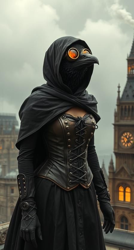 A Victorian widow in a corset of riveted copper stands atop a smog-choked London rooftop, her mechanical raven (gears whirring in its throat...