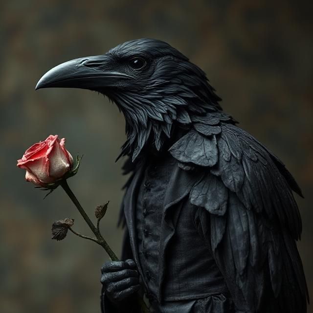 An anthropomorphic raven, dressed in tattered Victorian gothic attire, clutches a single, withered rose. Its head is a stylized, almost scul...