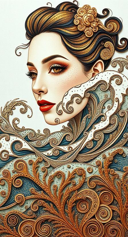 A female portrait <lora:Zentangle:1.0> <lora:Quilling Flux:1.0> Abstract op-art ocean of waves formed by hand-cut paper spirals, quilling co...