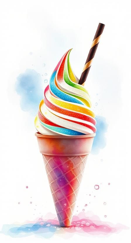 Photographic realistic unreal Engine 5 Japanese Rainbow Snow Cone and a chocolate straw Treat. Watercolor Splash Art 