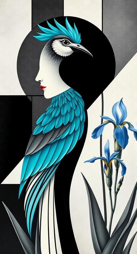 a Mondrian-inspired abstract figure study with geometric patterns, combined with a anamorphic bird figure, with turquoise feathers and a bea...