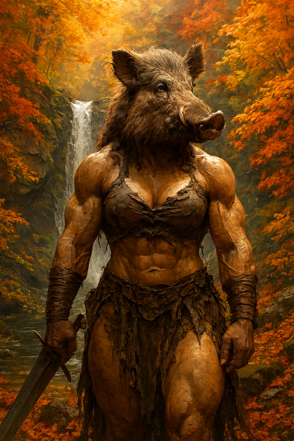 A hidden waterfall surrounded by bright autumn leaves. A massive, muscular warrior with a realistic boar's head, shredded leather sho...