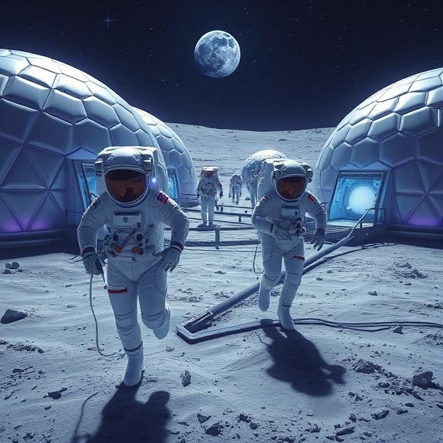 Astronauts in sleek white EVA suits with glowing visor displays navigate gantries between gleaming silver geodesic domes on a crater-pocked ...