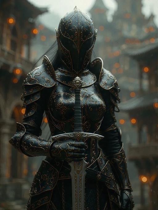 8k hyperdetailed, envision the earth shaped as female elf Knight with a sword, combat pose, 3d effect showing nature and buildings, Dark Moo...