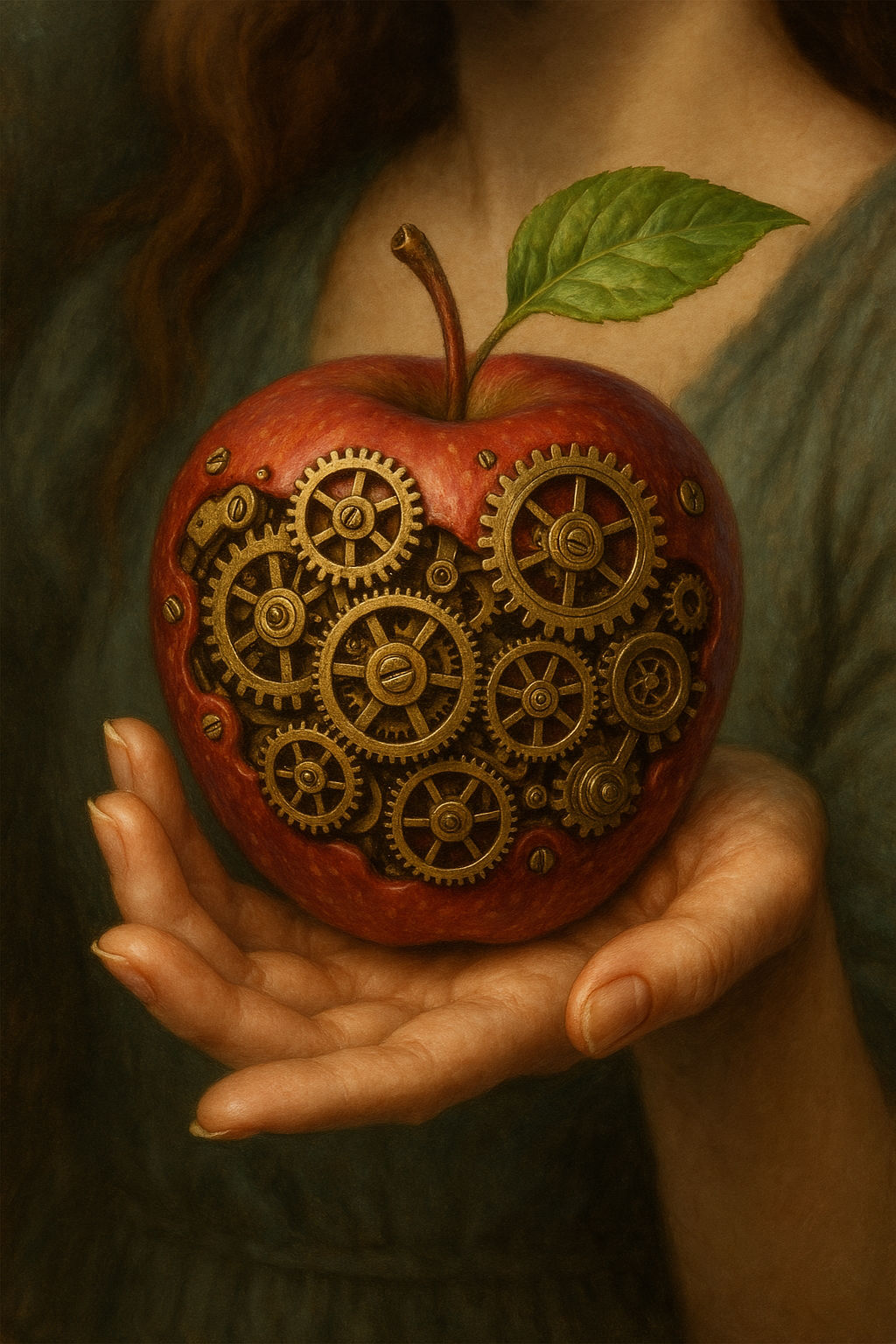 Gargling Grove: The Clockwork Red apple on a palm of a woman