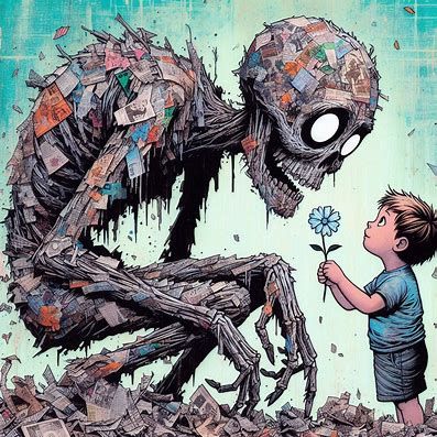 <lora:CoolStick:1.0> A child with wide, curious eyes gazes up at a colossal, sentient zombie made entirely of discarded comic book pages and...