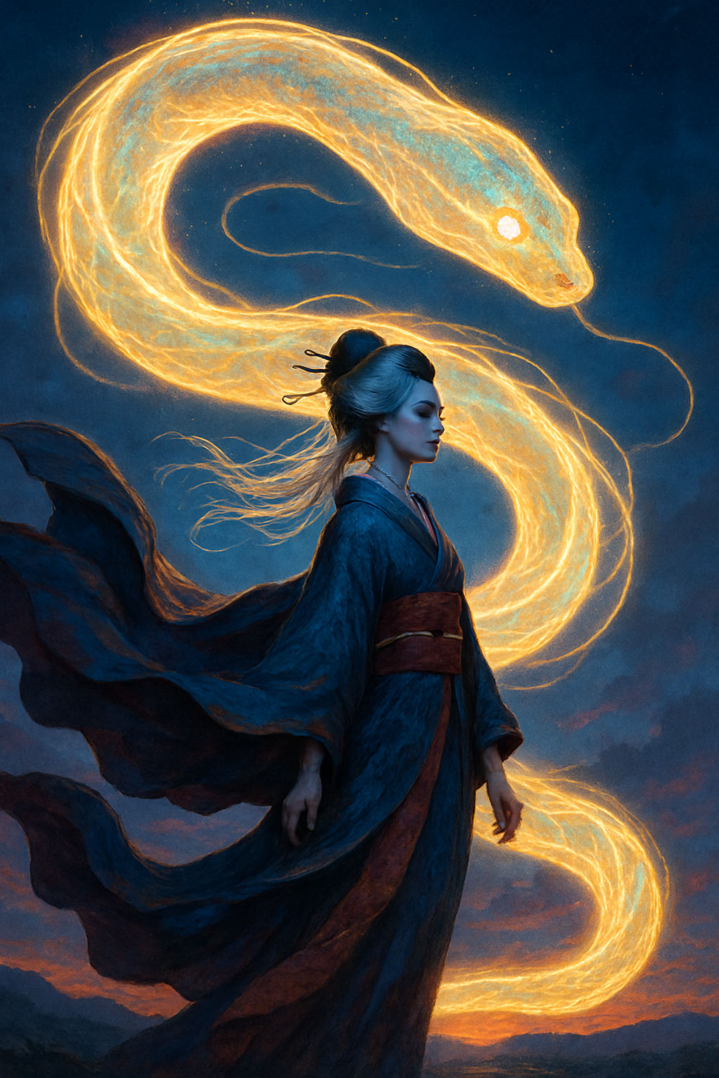 A luminous snake coils around a geisha in flowing robes against a twilight sky. The serpentine body undulates as it leans closer to the woma...