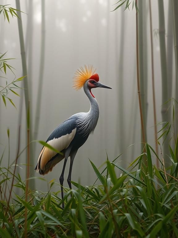A majestic crowned crane stands serenely in a misty, bamboo forest at dawn. Dewdrops cling to the delicate leaves and stalks, catching the f...