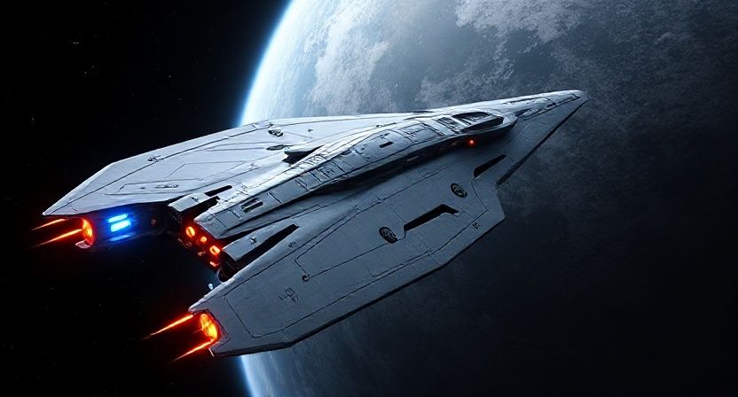 A starship with razor-edged wings, matte-gray hull, pulsating blue thrusters, and orange navigation lights, aerodynamic fins reflecting dyna...