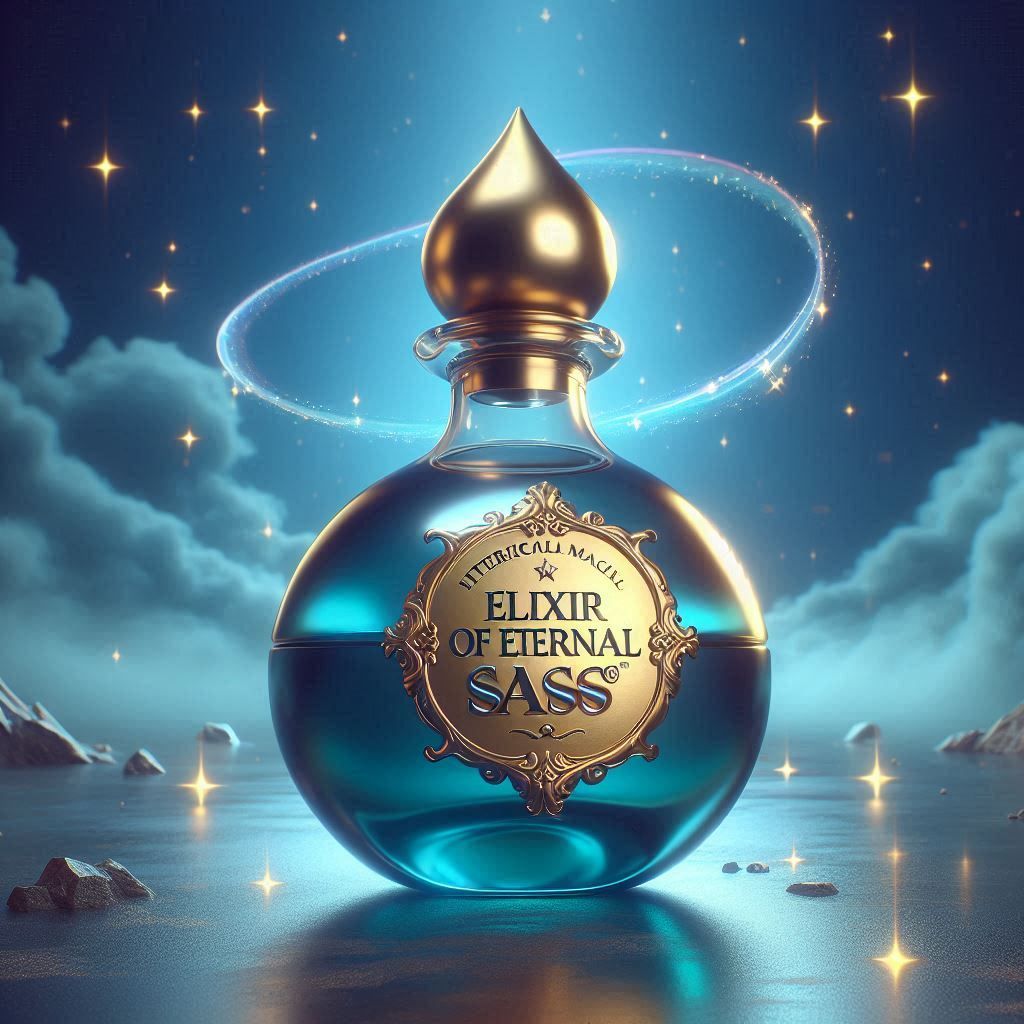 "Hyper-realistic product shot of a fictional magical cosmetic item called Elixir of Eternal Sass™. The bottle is shaped like a miniature cry...