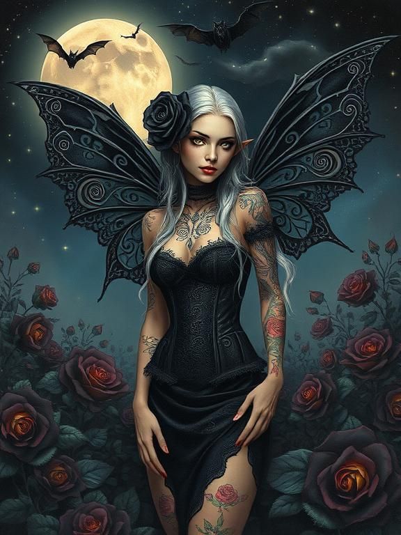 3-D conte crayon and vivid oils, a stunning illustration of a gothic fairy with intricate black wings adorned with swirling patterns, standi...