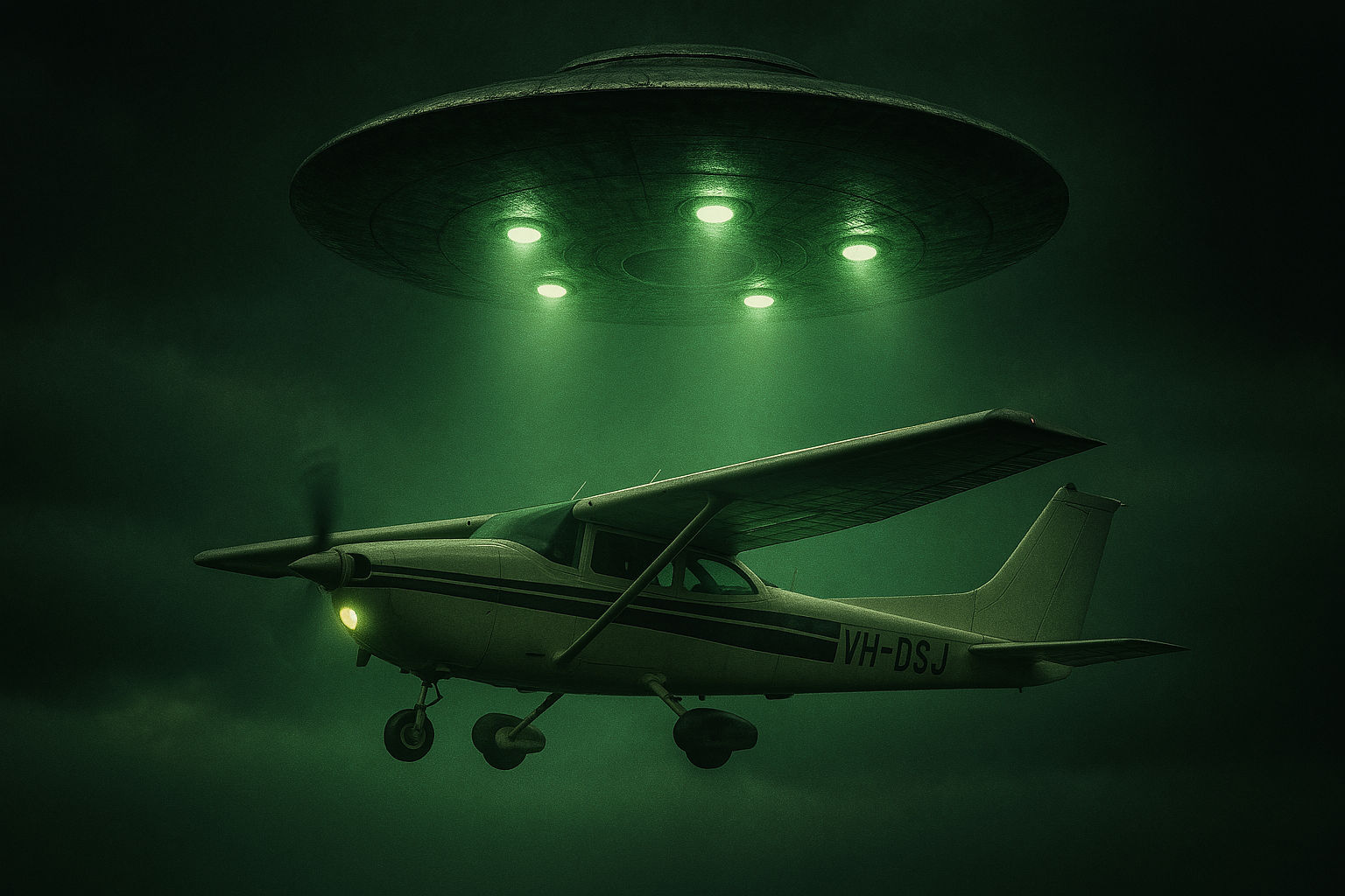 Photographic realistic Create a photo realistic image of the 1978 UFO encounter over the Bass Strait in Australia: Frank Valentich, piloting...