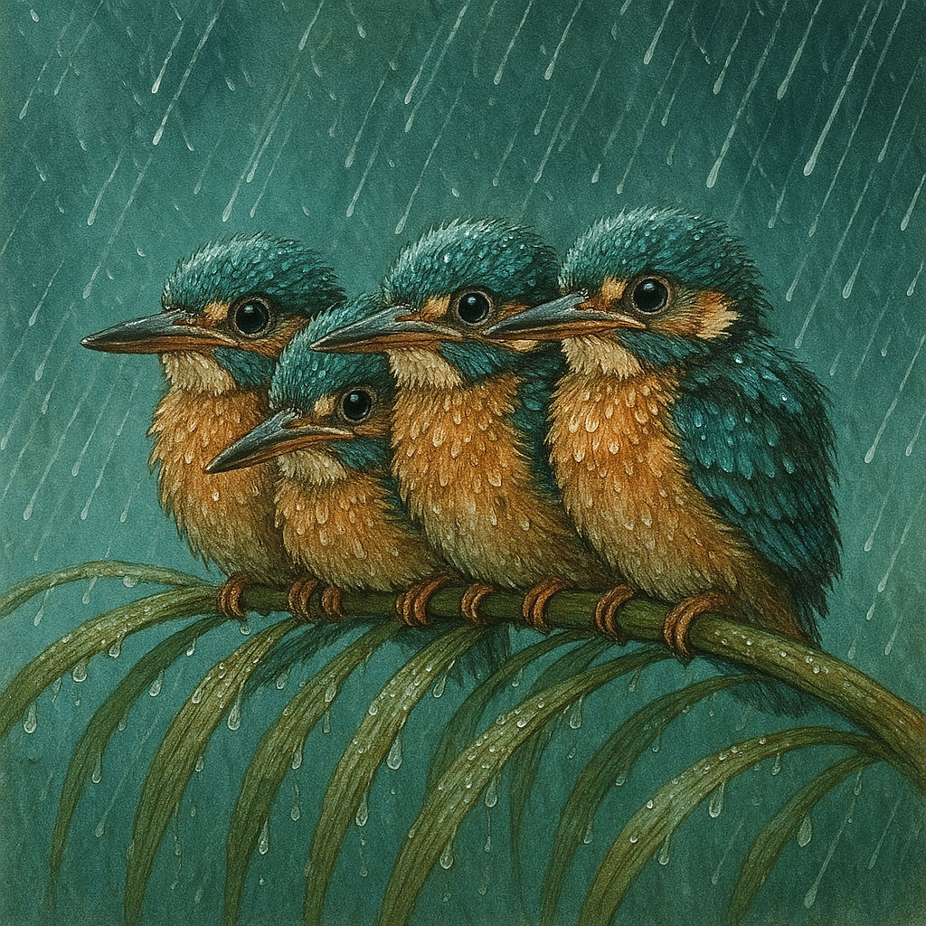 Common Kingfisher Nestlings on Rain-Drenched Reeds with Teal Wash