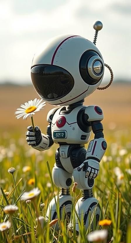 <lora:DreadKnot Theory:1.0> a cute robot in an open field smelling a daisy