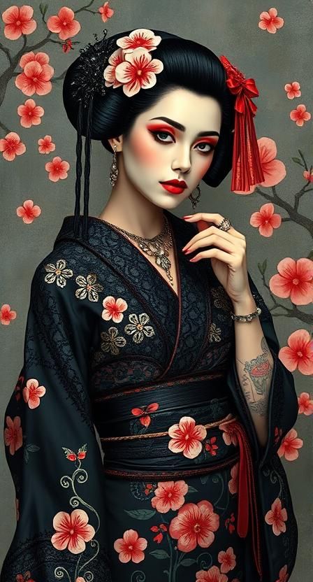 Modern geisha in goth-punk attire, draped in intricate black lace and leather kimonos, bold cherry blossom tattoos, statement accessories, b...