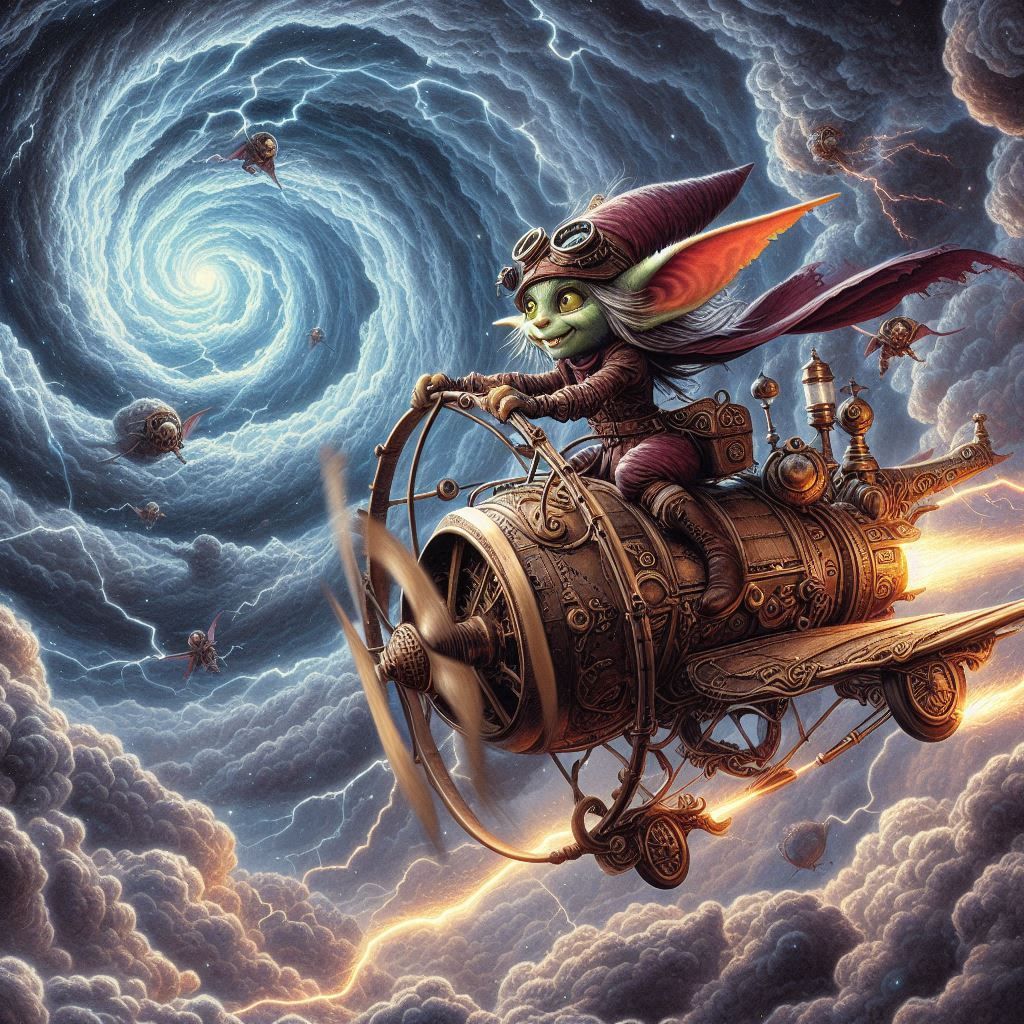 A mischievous gremlin pilots a steampunk airship through a swirling vortex of clouds and lightning.