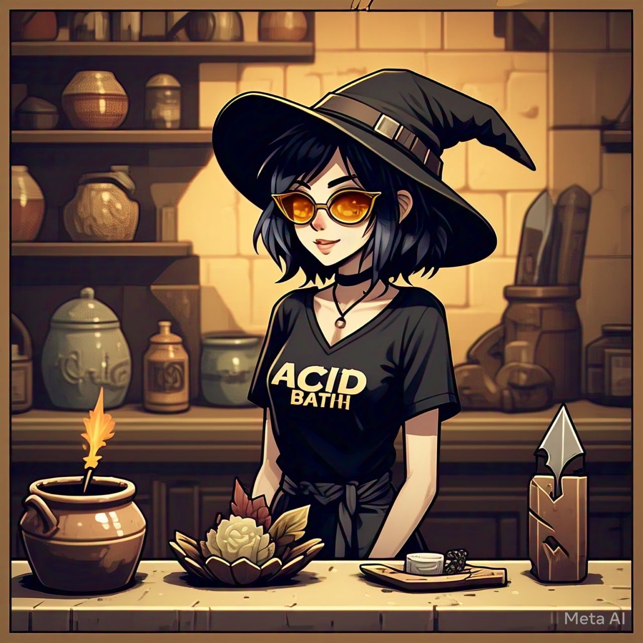 In the style of a PC-98 screenshot, rendered in pixel art. A shopping screen in an RPG, with a witch standing behind the counter. The counte...