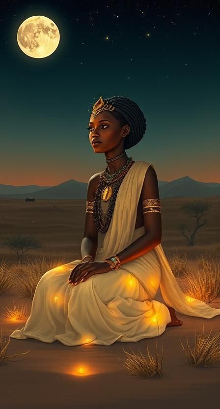 <lora:PR AlcoholWCGlass:1.0> <lora:Akimora:1.0> <lora:Cozy Pastel:1.0> <lora:divineOil:1.0> African Goddess, seated serenely in the Serenget...