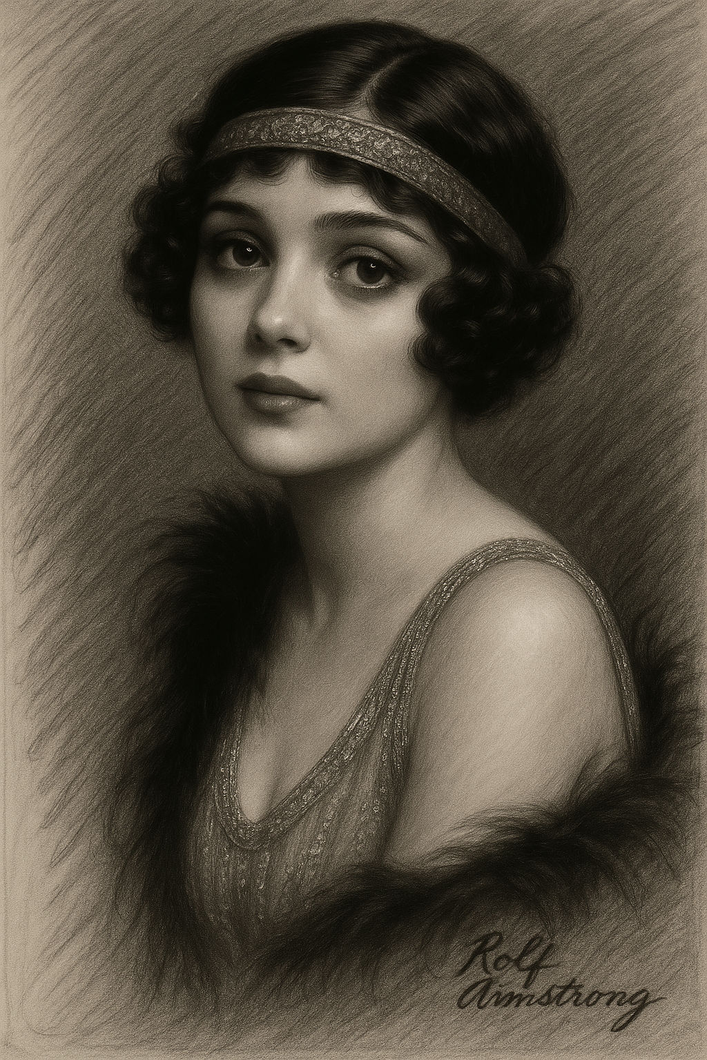 Photographic realistic unreal Engine 5 a Beautiful brunette, 1920 style flapper in style of rolf Armstrong, soft intricate detailed charcoal...