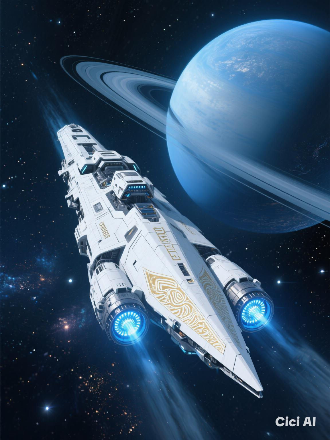 A 210-meter-long Centaur-type starship with a sleek white arrowhead hull, adorned with intricate golden etchings, glides through the cosmic ...
