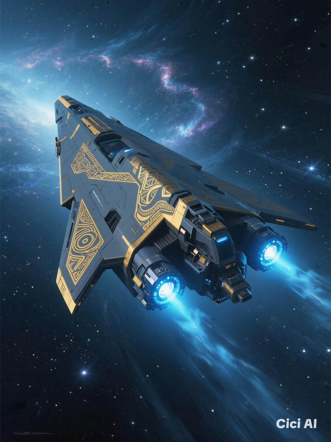 An Intrepid-class starship with an arrowhead hull, adorned with intricate golden etchings, glides through the cosmic void, its glowing blue ...