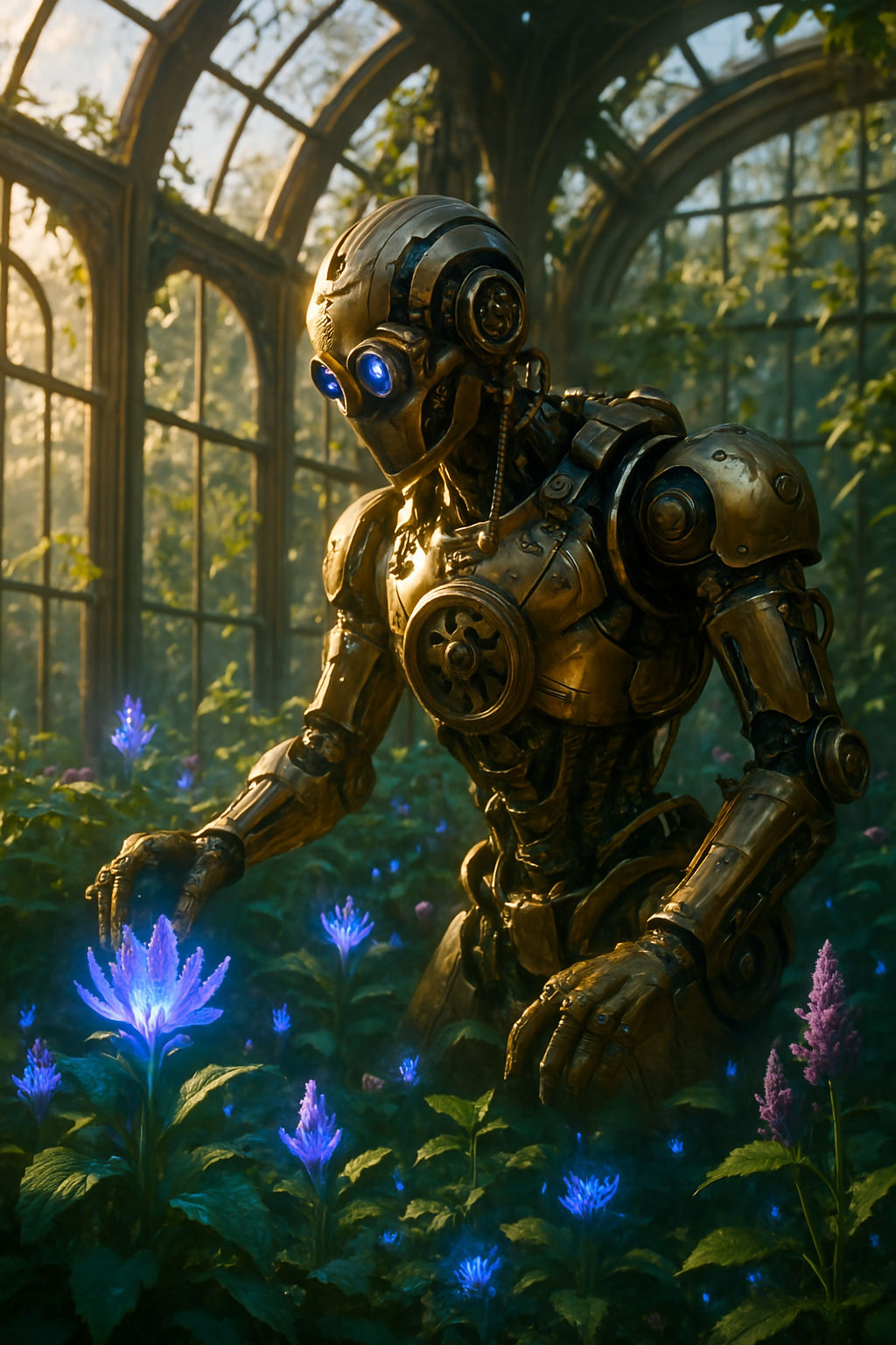 Photographic realistic unreal Engine 5 Envision a steampunk automaton, crafted from polished brass and intricate clockwork, delicately tendi...
