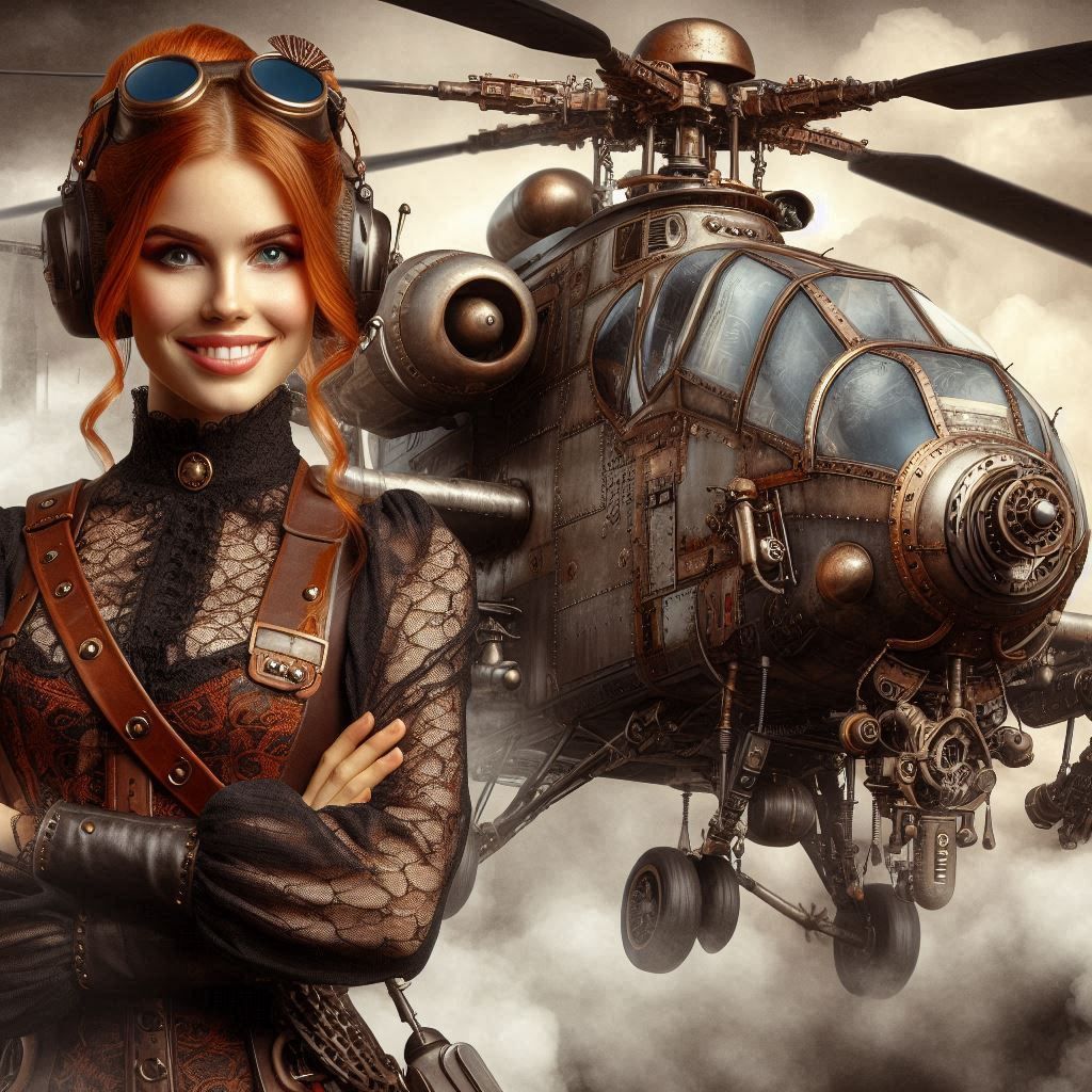 A steampunk attack helicopter and its young beautiful redhead smiling female pilot.