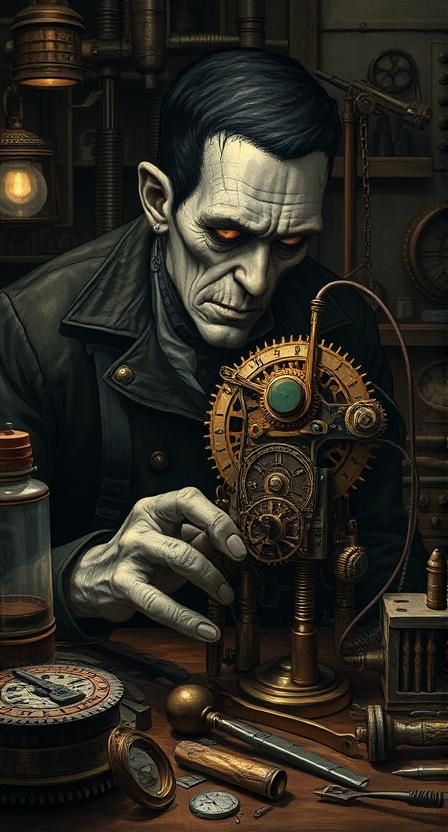 A steampunk Frankenstein's monster meticulously assembling a complex clockwork device in his laboratory, surrounded by gears, wires, and arc...