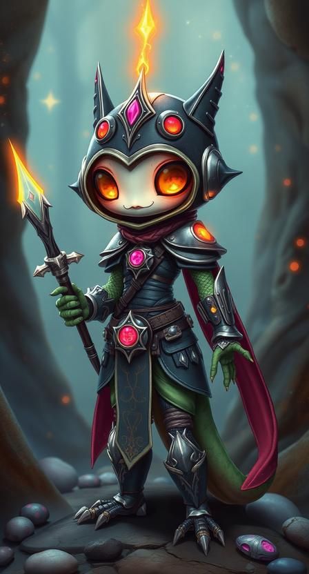 cute whimsical Sci-Fi Fairytale alien princess Goth gecko knight with an extraterrestrial twist wearing medieval Goth armor formed from blac...