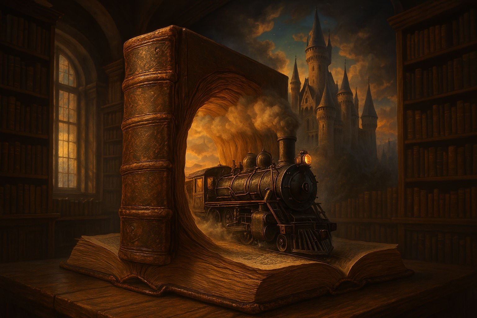 Imagine a visually arresting scene where an ancient, leather-bound book sits proudly in a grand library. Its thick, time-worn pages unfurl i...