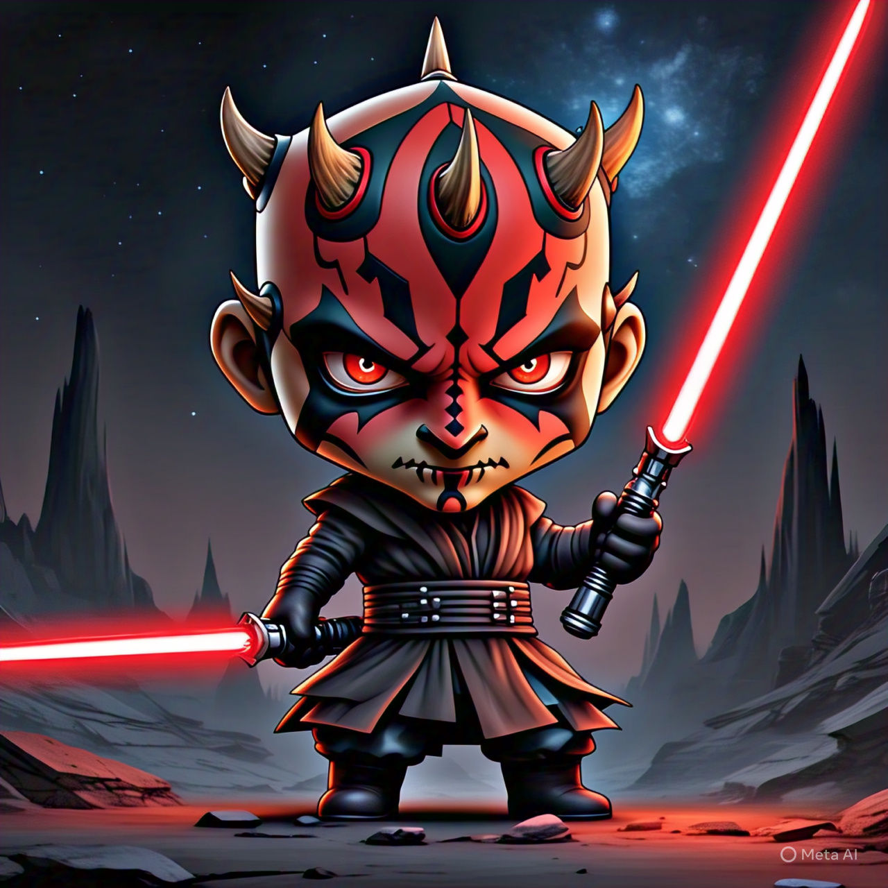 <lora:Chibi-Chibi:1.0> Chibi Darth Maul with a red double-lightsaber.