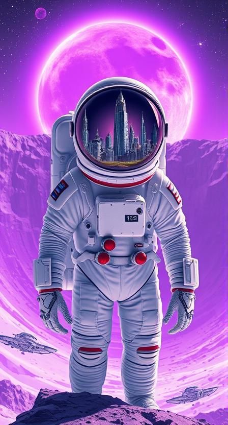 A lone astronaut clad in a spacesuit, standing against a radiant violet crater, helmet visor, reflecting an alien city with crystalline spir...
