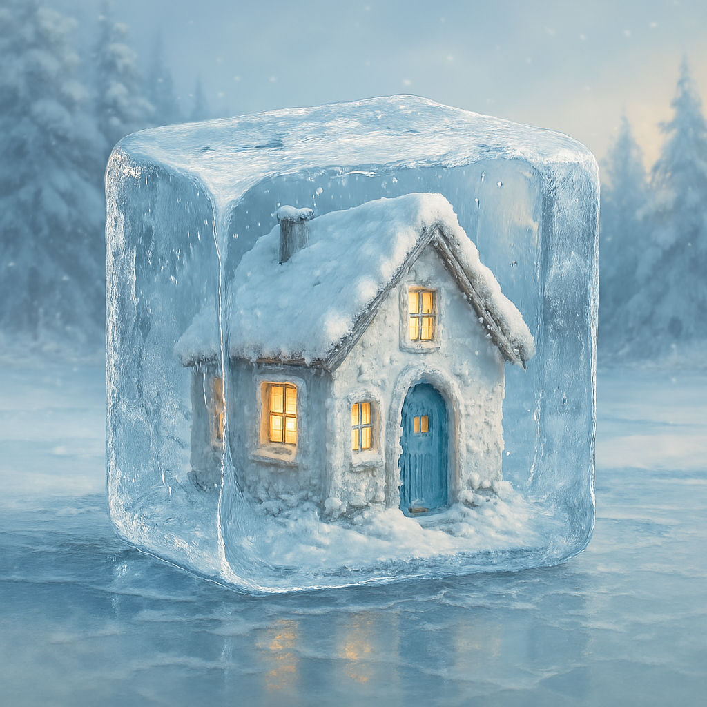 A small, intricately detailed white house with a blue door and snow-covered roof, enclosed in a large, transparent ice cube, sits on a froze...