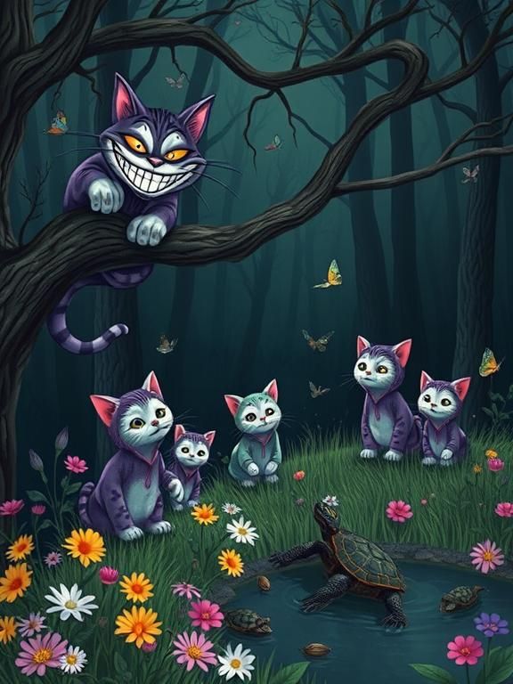 Cheshire Cat with a huge creepy evil grin high up on a tree branch watching as several Super Adorable Kittens wearing tie dye hoodies with p...
