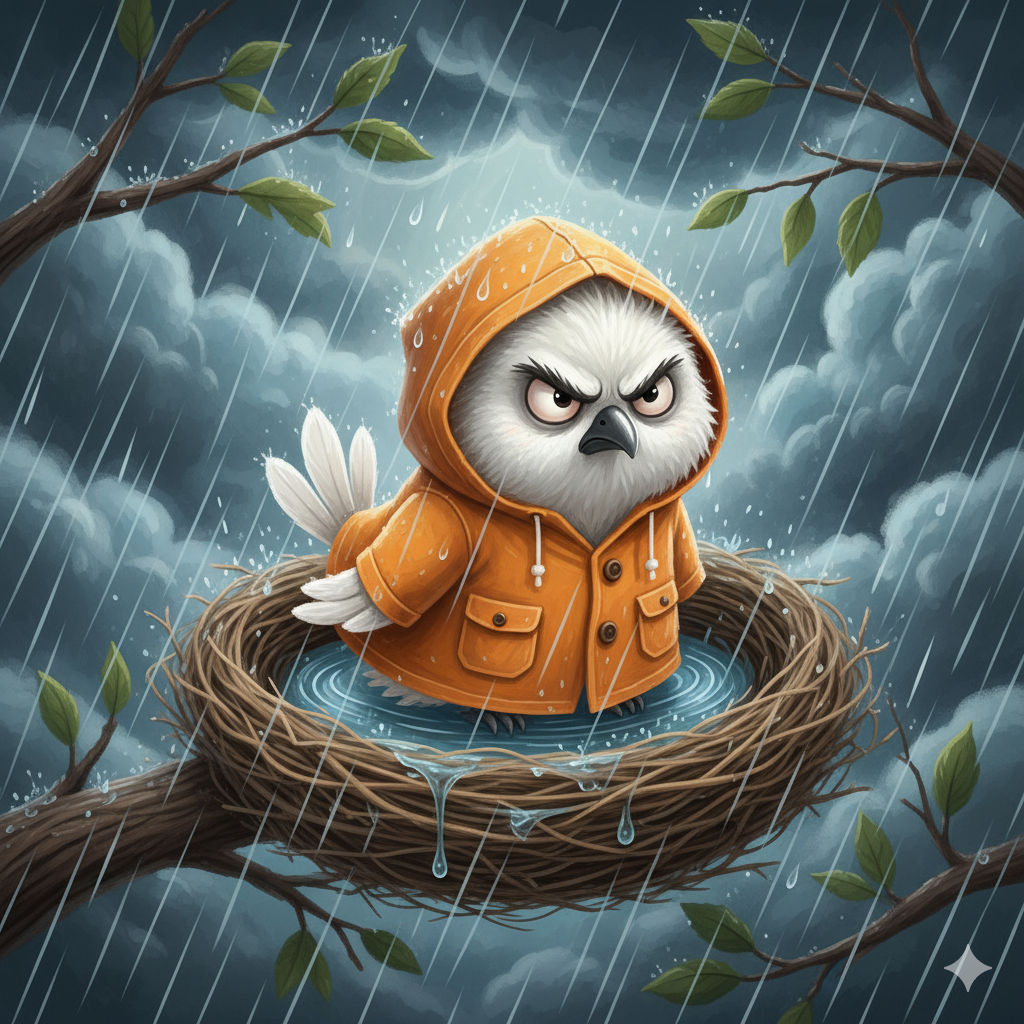 A highly detailed, expressive storybook illustration of an angry bird with white fluffy feathers, wearing an orange raincoat with the hood u...