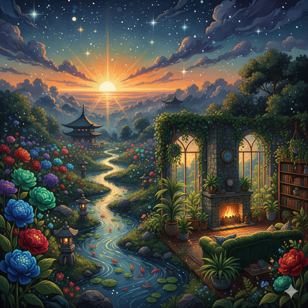 "A beautiful Japanese garden underneath luminous sunset!! Beautiful sparkling flowers, starry sky, Andreas Lie, Quentin Blake, Alex Maleev, ...