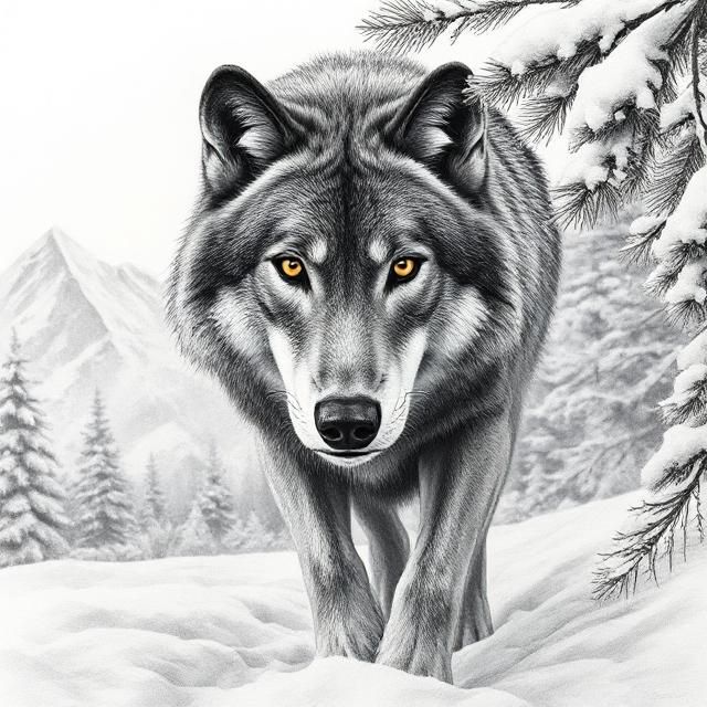 Highly detailed graphite pencil drawing of a magnificent lone wolf walking directly toward the viewer through fresh snow, every individual h...