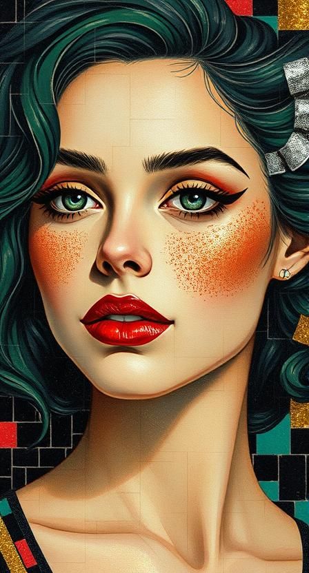Create a 3/4 portrait of a woman showcasing hyper-realistic features, emulating an aesthetic similar to early 20th-century artists. The port...