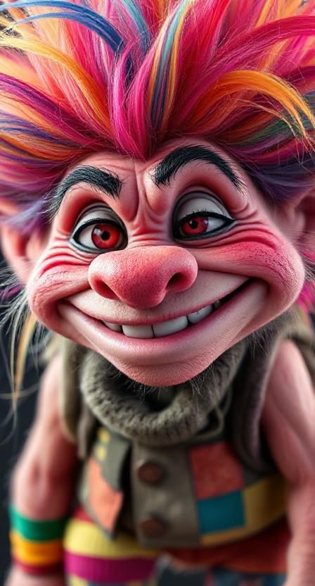 Close-up portrait. A whimsical, rainbow-haired troll with oversized features grins mischievously. He wears mismatched socks and a patchwork ...