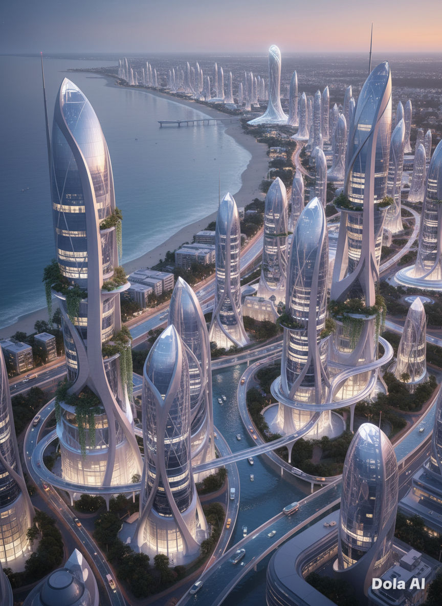 Breathtaking aerial panorama of a futuristic buildings block, showcasing greenish ambient, with fountains. Irregular, organic-shaped buildin...